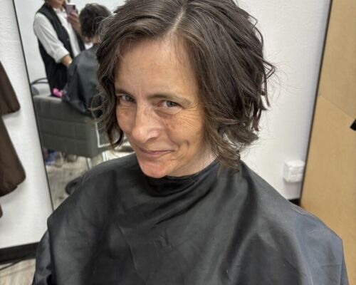 with her new haircut