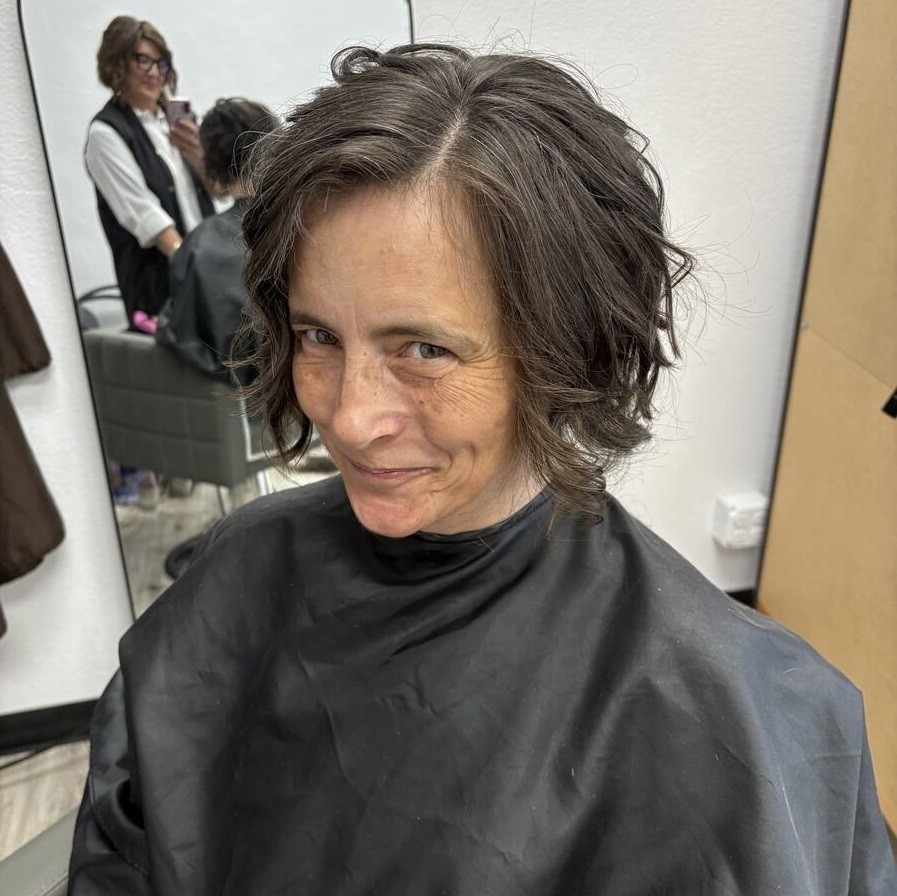 with her new haircut