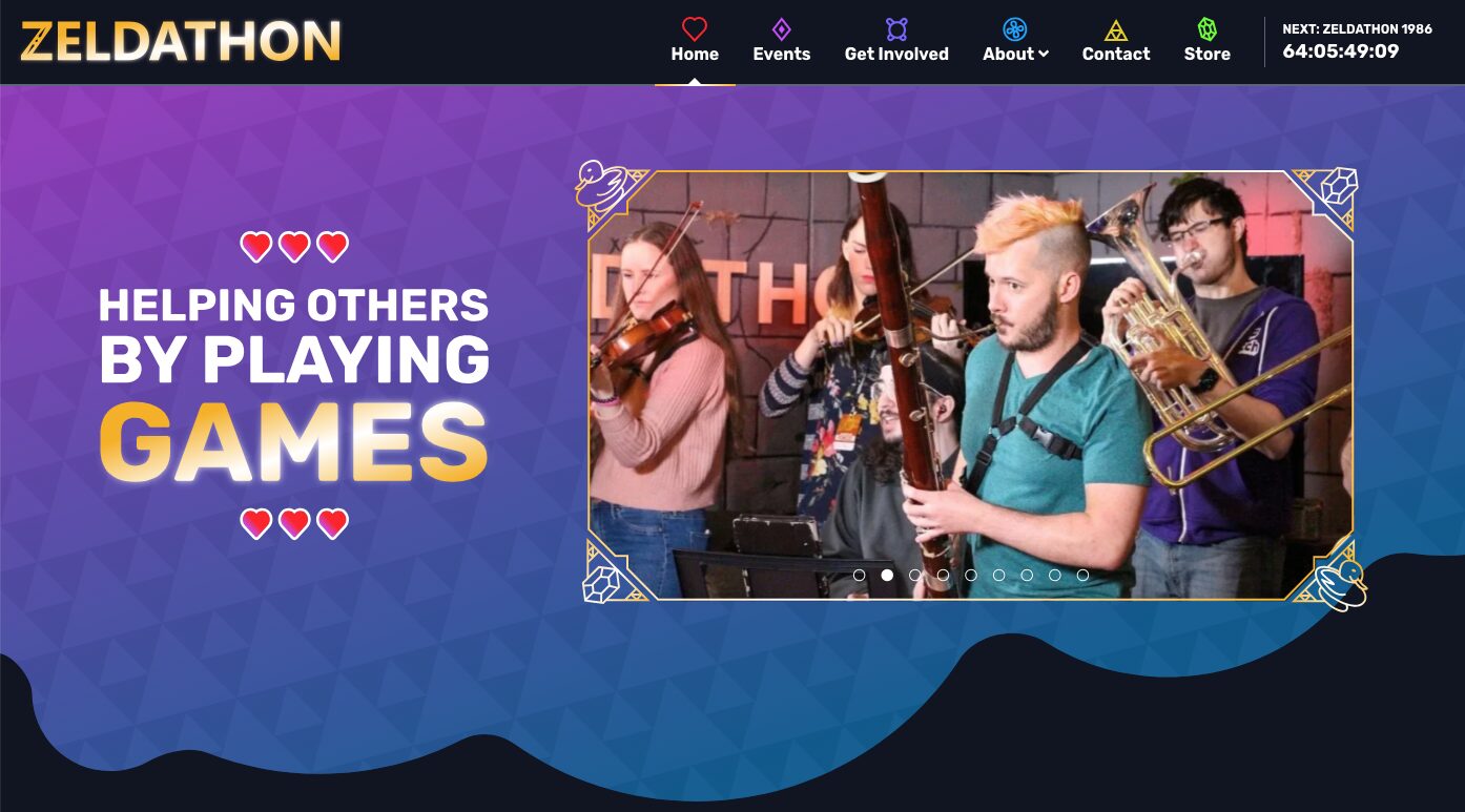 A screenshot of a Zeldathon gaming marathon reads Helping Others by Playing Games and features an image of four Zeldathon team members playing instruments on stream.