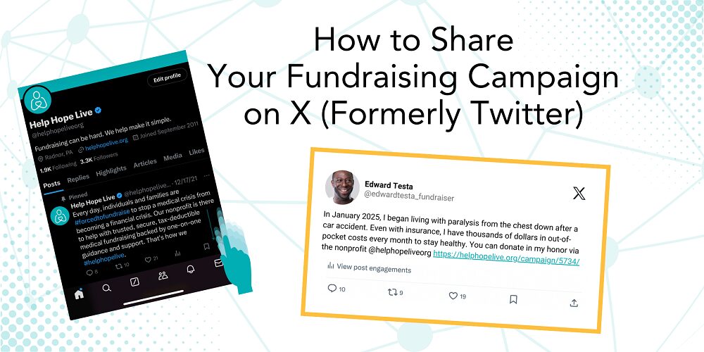 Text reads How to Share Your Fundraising Campaign on X (Formerly Twitter). Screenshots show an X profile for Help Hope Live and a sample Tweet about fundraising with Help Hope Live.