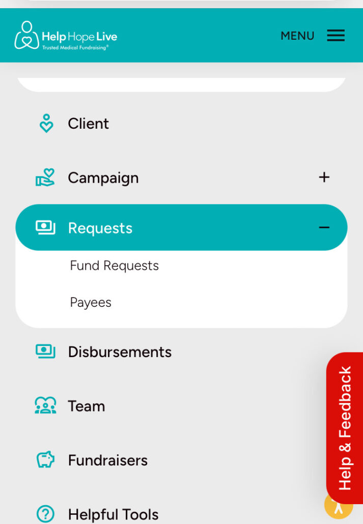 Help Hope Live client portal on mobile device - Requests option is selected on the menu.