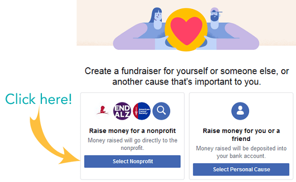 A Facebook Fundraiser guide with a button to Select Nonprofit.