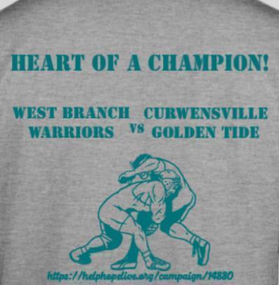 A t-shirt reads Heart of a Champion and advertises a fundraising wrestling match for a Help Hope Live client campaign.