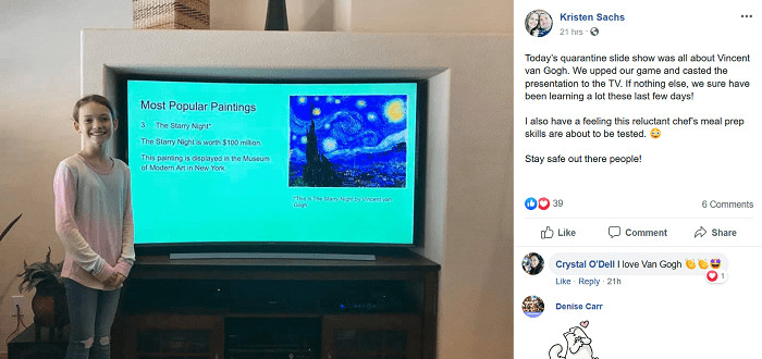 Kristen Sachs Facebook post during COVID with at-home schooling.