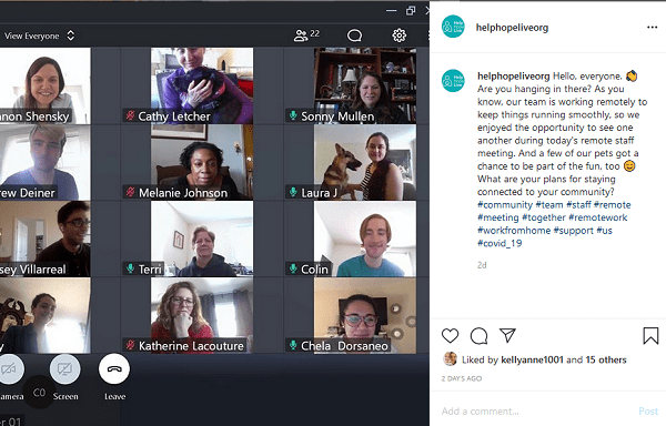 Instagram post of Help Hope Live team members meeting remotely