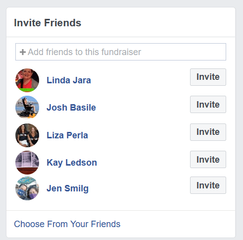 A Facebook option to Invite Friends to a Facebook Fundraiser.