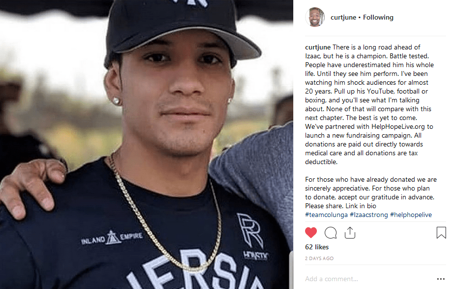 Curtjune's Instagram post for raising funds with Help Hope Live.