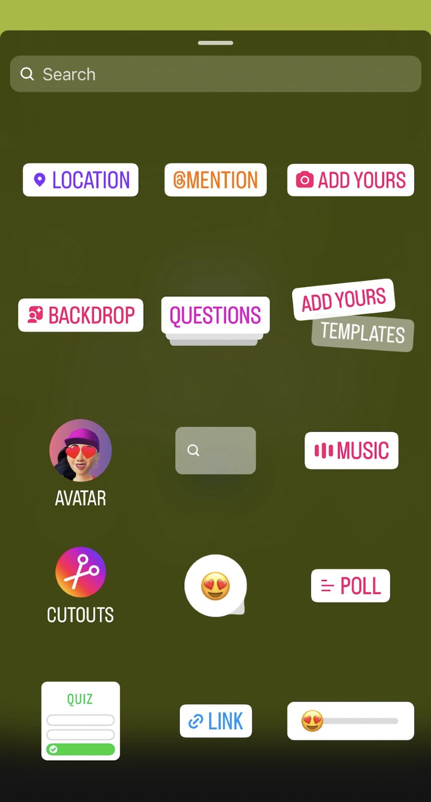 A screenshot of the options available to add to your Instagram Story on mobile, including Location, Backdrop, hashtag, music, and Link.