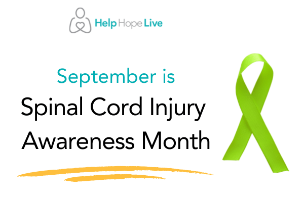A graphic features a light green Spinal Cord Injury Awareness ribbon and the Help Hope Live logo with the text September is Spinal Cord Injury Awareness Month.