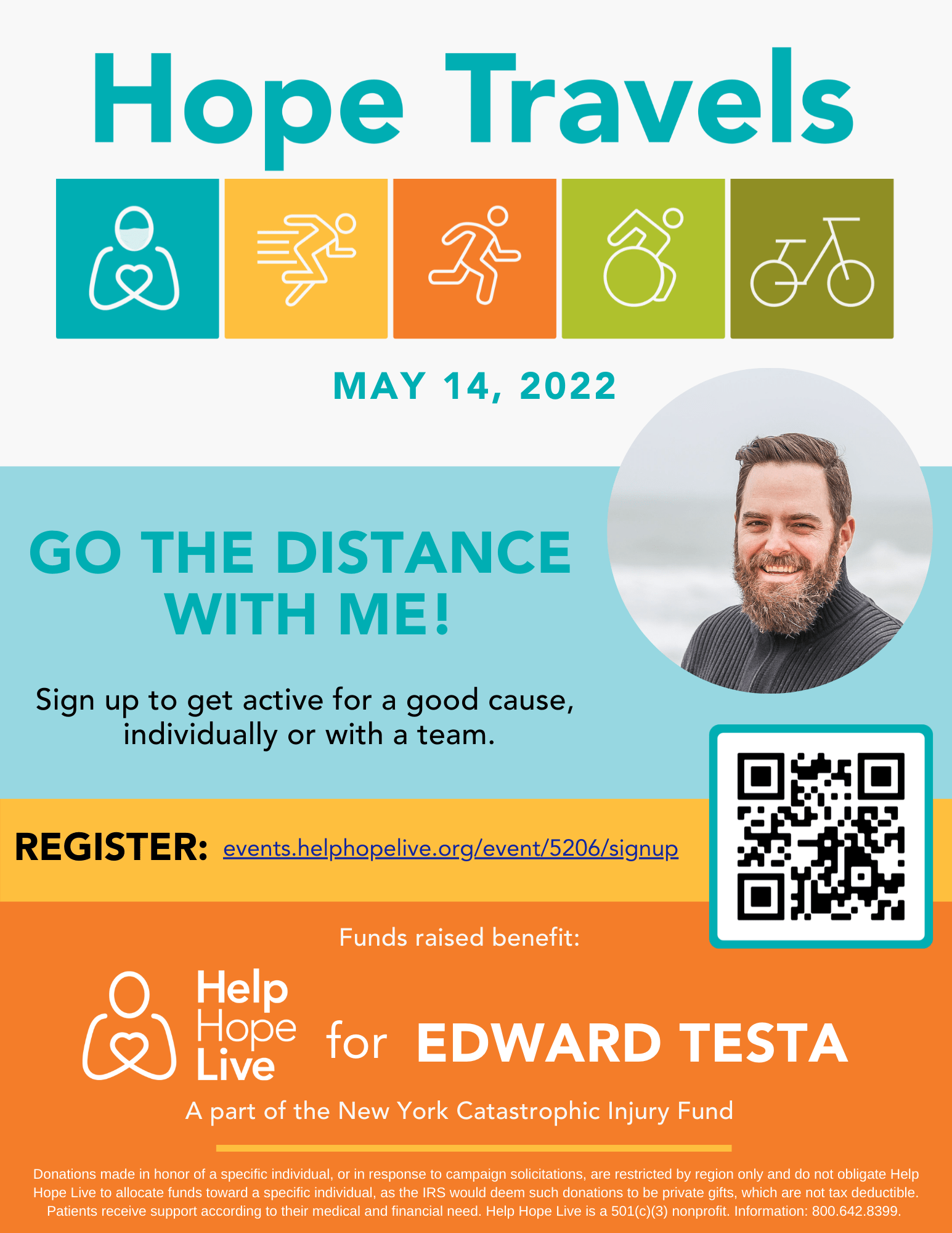 A flyer to register for the 2022 Hope Travels event for Edward Testa