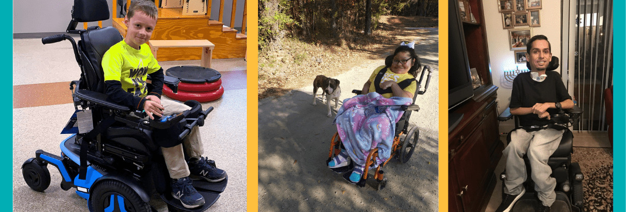 Three photos of Help Hope Live clients using their power chairs. The first is a young boy with light skin and a vivid yellow t-shirt. The second is a girl with light brown skin outside with a dog nearby. The third is a young man with light brown skin and khaki pants seated in a foyer or living room.