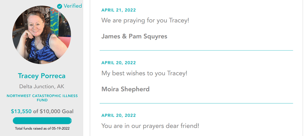 Tracey Porreca's campaign page shows a circular photo of her, she has curly brown hair and a blue sleeveless shirt. Below that is her name, Delta Junction AK, Southwest Catastrophic Illness Fund, and a thermometer showing she has exceeded her $10,000 goal. On the other side of the image, her Guestbook is visible with messages of support from April 2022 from three different supporters.