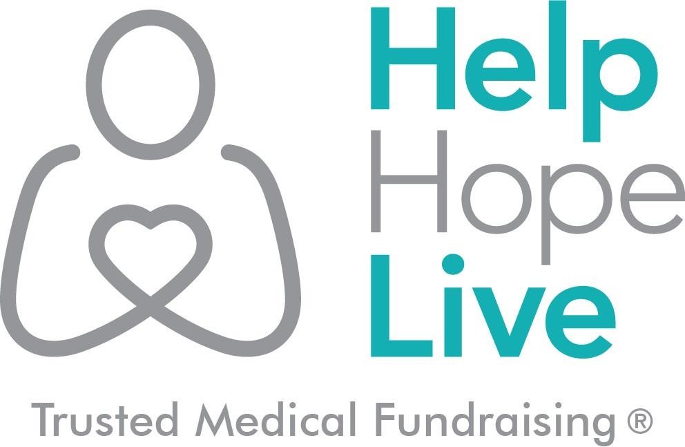 The Help Hope Live logo features a gray figure forming a heart with its hands with the words Help Hope Live in teal and gray. Below the logo is the tagline Trusted Medical Fundraising.