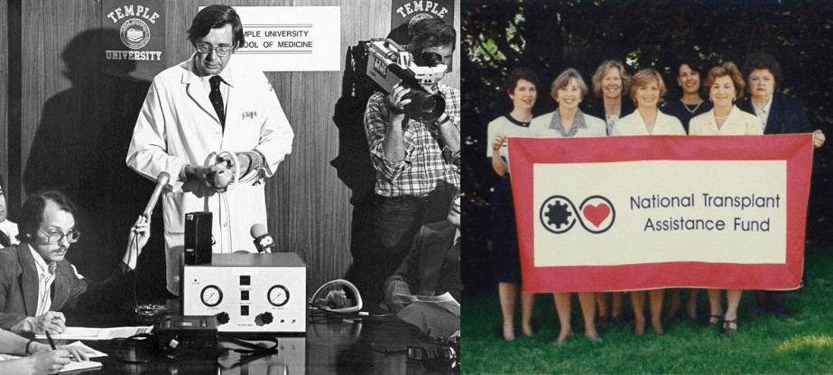 A black and white photo of Help Hope Live's founder, a pioneering heart transplant surgeon, and a photo of an early Help Hope Live team of seven women holding a banner that says National Transplant Assistance Fund.