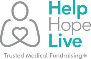 The Help Hope Live logo features a gray figure forming a heart with its hands with the words Help Hope Live in teal and gray. Below the logo is the tagline Trusted Medical Fundraising.