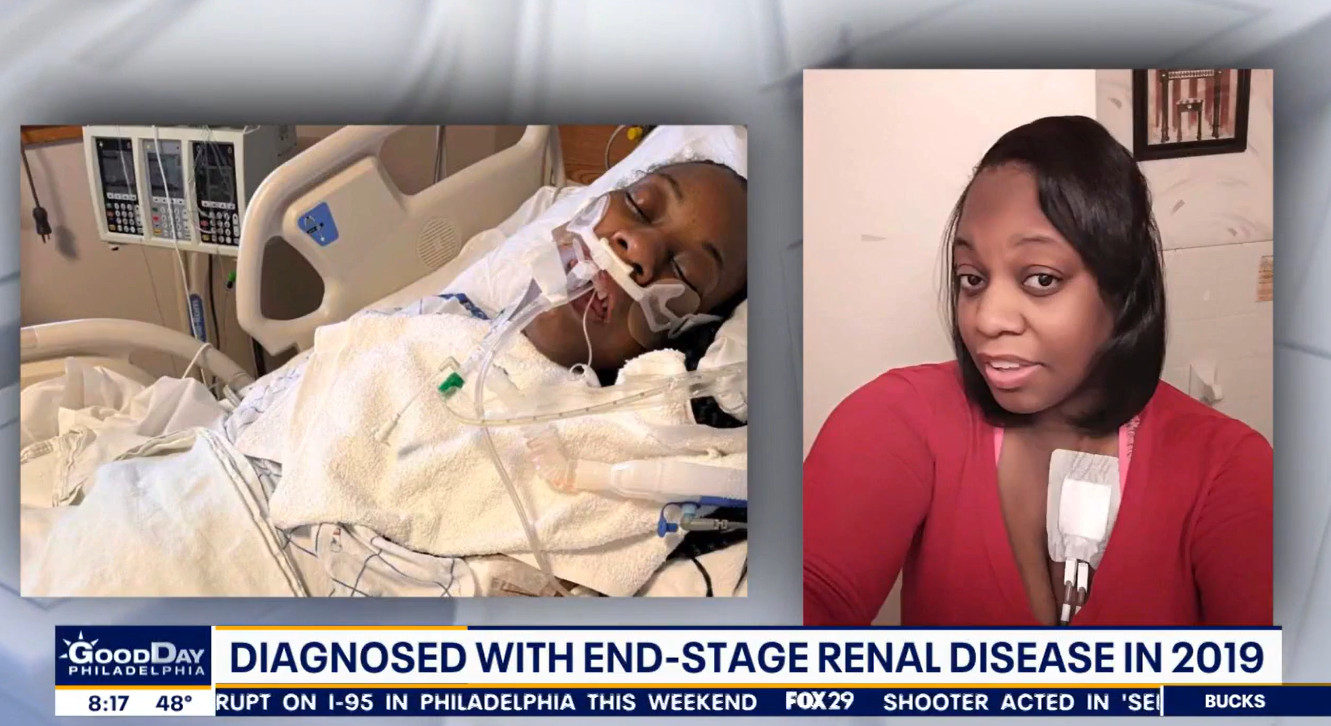 Brianna shows portions of her medical journey on FOX29 with one image of her lying unconscious in a hospital bed with a breathing tube and another of her with medical equipment attached to her chest.