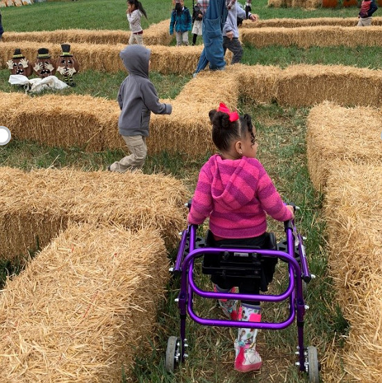 Evangeline walks through a hay maze with a purple walker. She has light brown skin and dark curly hair.
