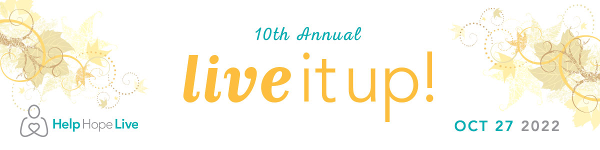 A digital event banner reads 10th annual Live It Up! Oct 27, 2022 with the Help Hope Live logo and gold fall leaf graphics.