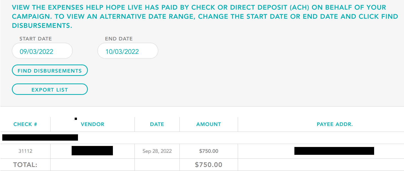 Disbursement of funds paid by Help Hope Live.