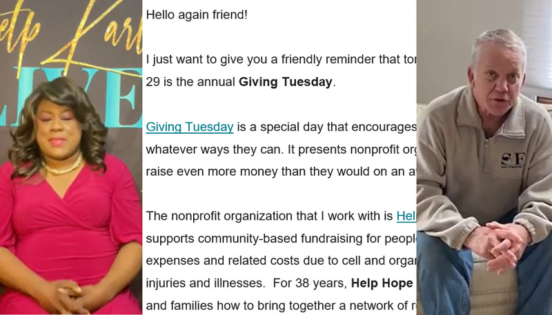 Three examples of fundraising activities on GivingTuesday from clients. On the left and right side are screenshots from videos created by clients - one client has brown skin and a bright coral pink dress, and the other has light skin and a beige sweater. In the center is a screenshot of a client email reminding supporters about GivingTuesday.