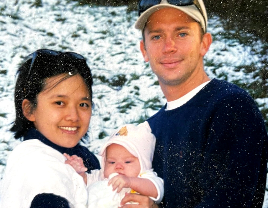 Bill Soloway's heart donor is pictured with his infant child with the child's mother. He has light skin and blue eyes and a smile.