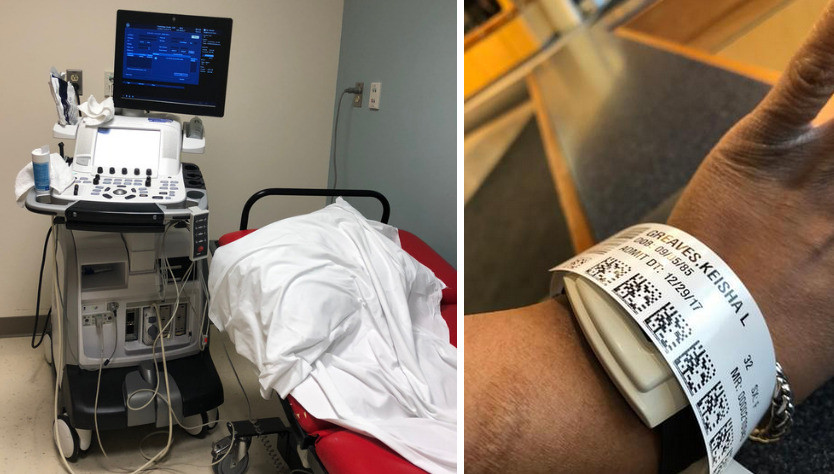 Two hospital photos from Keisha's journey. The first shows a red hospital bed covered in a white sheet with electronic medical monitoring equipment and wires on a large cart. The second image is Keisha's ight brown wrist with a hospital bracelet that reads GREAVES, KEISHA L.