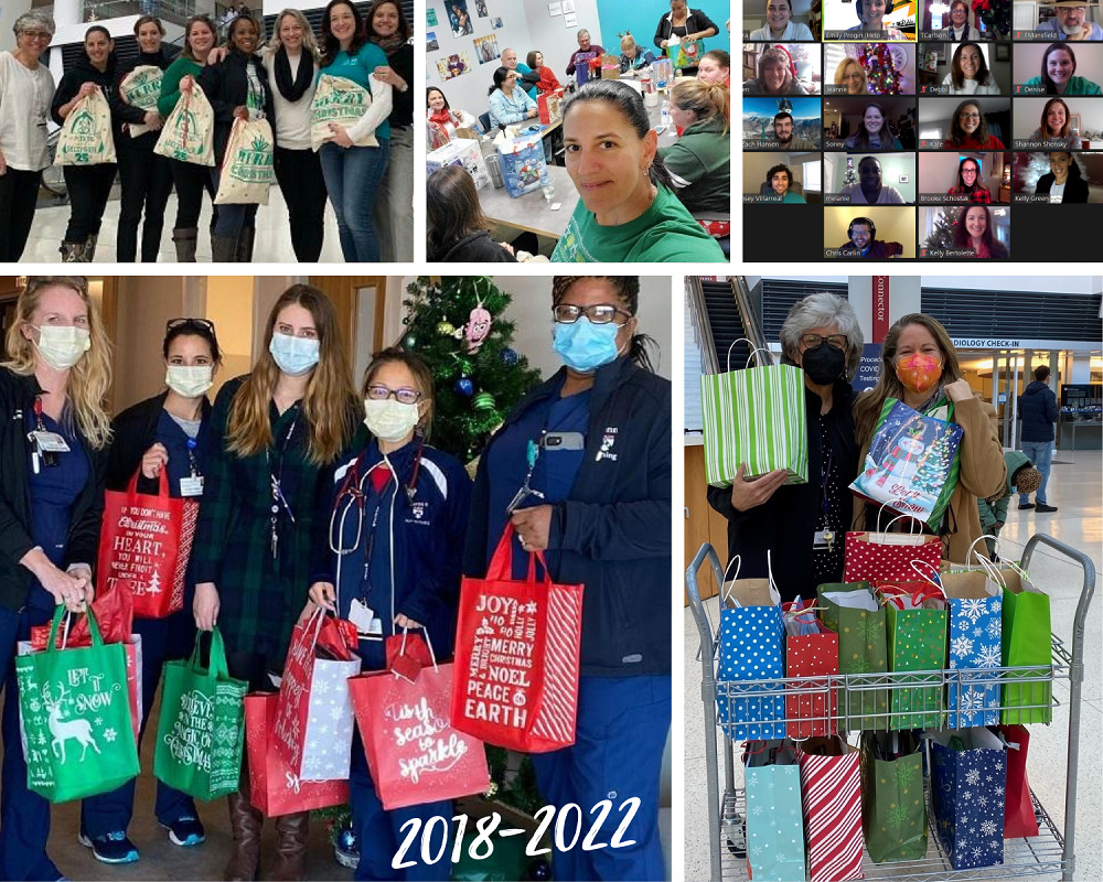 Photos of Help Hope Live staff members and masked medical professionals engaging in Bags of Hope packaging and deliveries between 2018 and 2022.