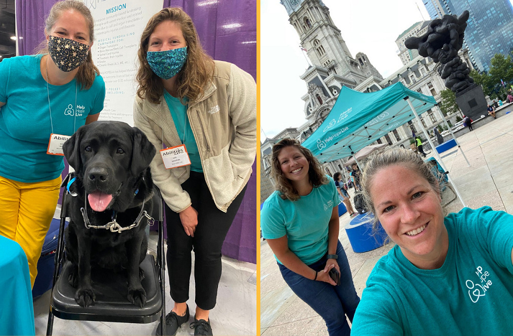Kate and Sonny from Help Hope Live wear teal t-shirts in two photos of their travels. In one photo they are at an Abilities Expo event on either side of a black service dog. In the second photo they are in downtown Philadelphia.