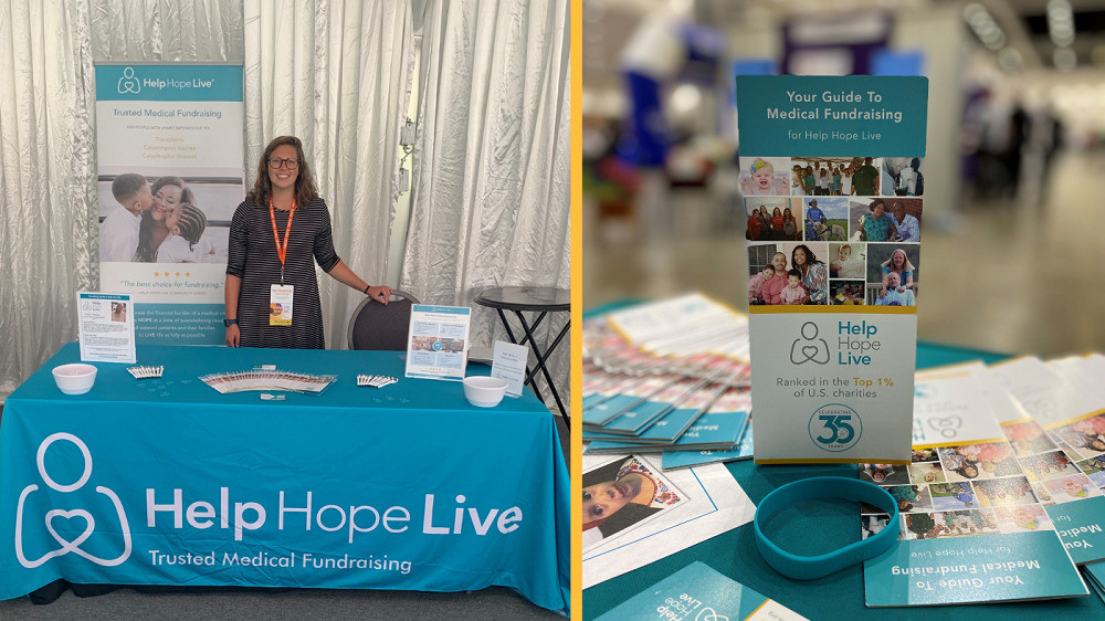 Two photos. In the first, Kate from Help Hope Live wears a dress and has light skin, curly brown hair, and glasses as she stands behind a teal Help Hope Live booth table. The second photo is a close-up of a Help Hope Live brochure on a teal tablecloth amid other brochures and a single teal wristband.