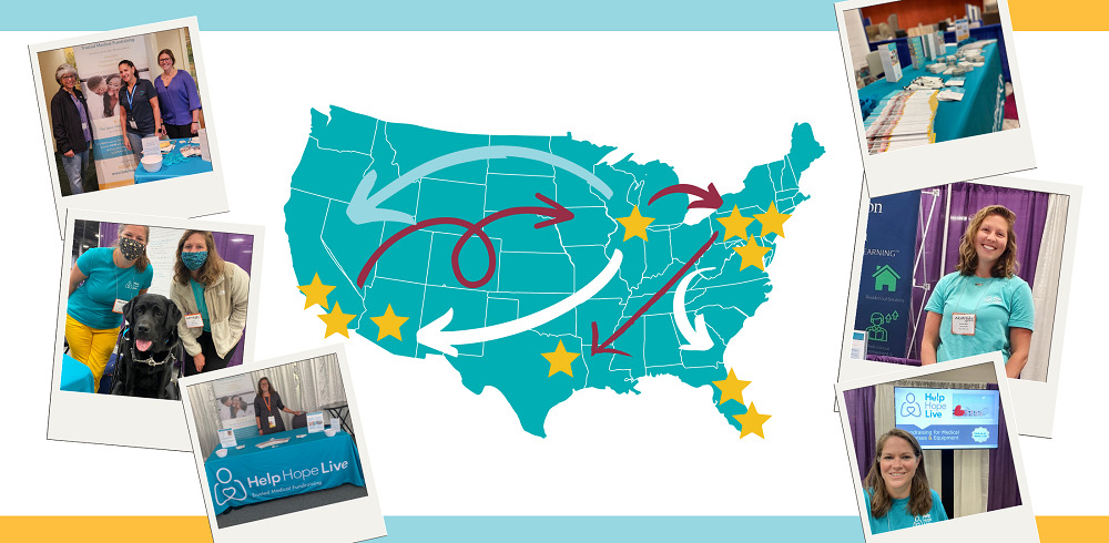 A graphic shows a map of the United States in teal with complex arrows connecting gold stars on locations across multiple different states. Bordering the graphic are photos of Sonny, Kate, and Kelly Green from Help Hope Live attending various events.