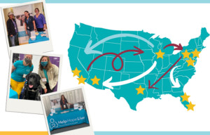 A graphic shows a map of the United States in teal with complex arrows connecting gold stars on locations across multiple different states. Bordering the graphic are photos of Sonny, Kate, and Kelly Green from Help Hope Live attending various events.