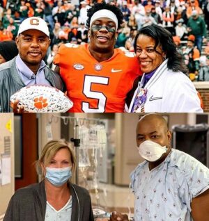 Two photos show pieces of Keith and KJ Henry's journey. In the first photo, Keith and his wife are at a football game with KJ Henry dressed in his Clemson football jersey. In the second, Keith and his kidney donor recover in the hospital, both wearing masks and hospital gowns as they stand in a corridor.