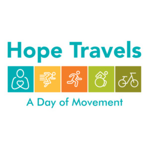 A logo for Hope Travels: A Day of Movement with tiles displaying different activities like rolling, running, and biking along with the Help Hope Live pledge figure logo.