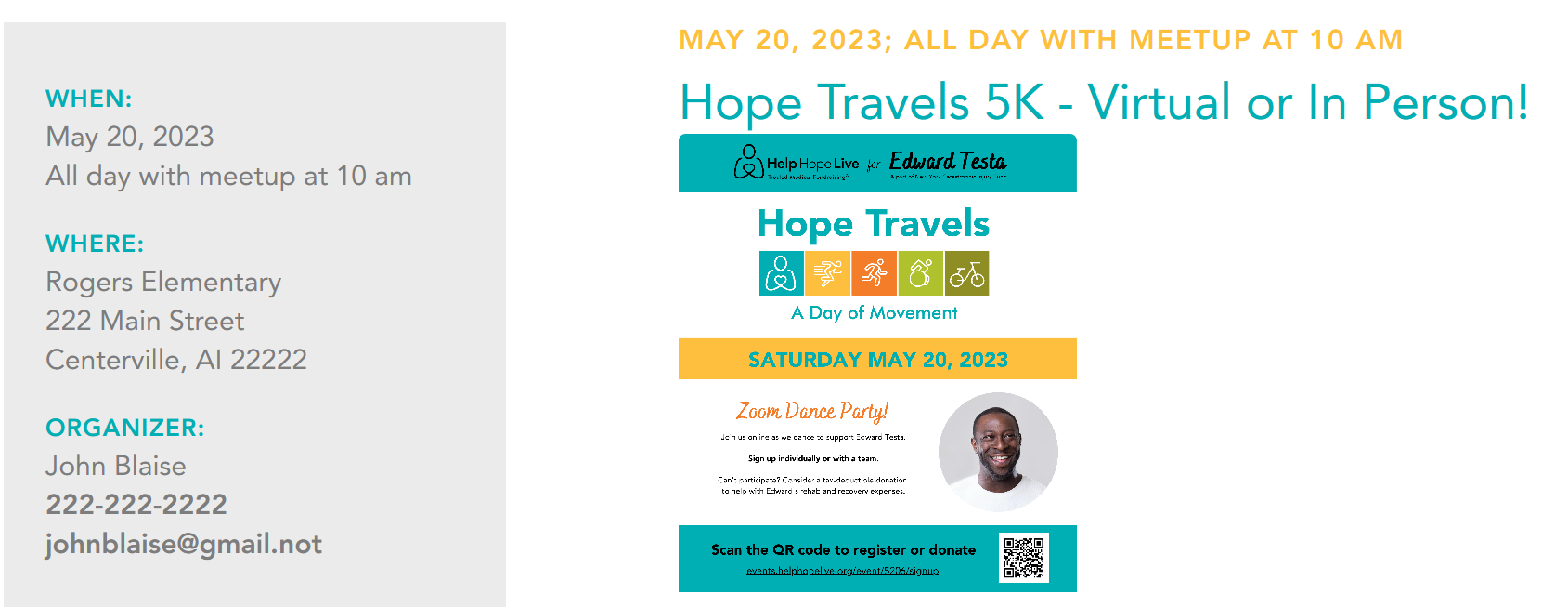 A Hope Travels event page example on a client Campaign Page features a Hope Travels flyer, a May 20 date and time, and fake text for location and primary contact. The title of the page is Hope Travels 5K - Virtual or In Person!