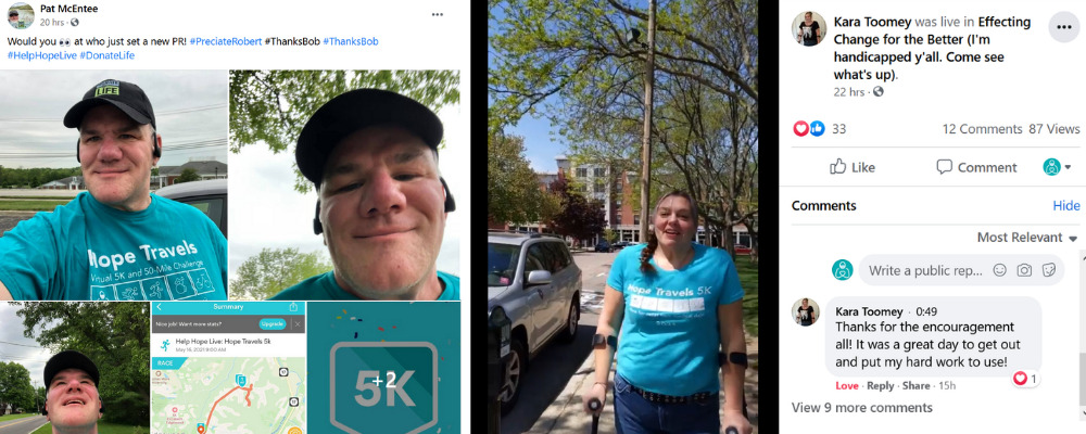 A collage of social media posts about Hope Travels participation featuring a client in a teal Hope Travels t-shirt outdoors, a second client using her braces to move down the sidewalk, and a digital map of a 5K walking route.