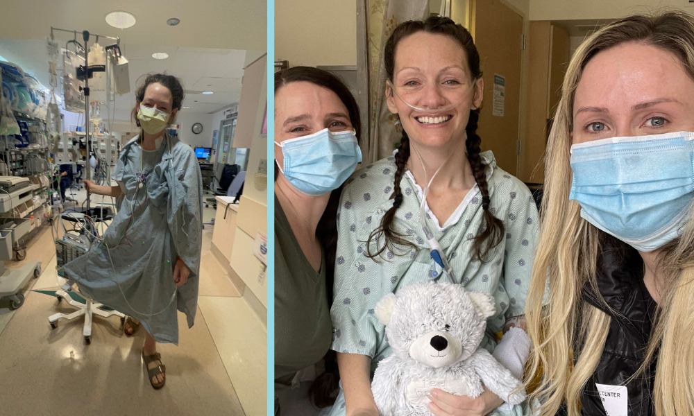 A graphic shows two photos of Pamela during her lung transplant process. In the first photo she is wearing a hospital gown and walking down a hospital hallway. In the second she is wearing her hospital gown and holding a white teddie bear with two women in face masks. She has light skin, brown curly hair in braids, and an oxygen tube connected to her nose.