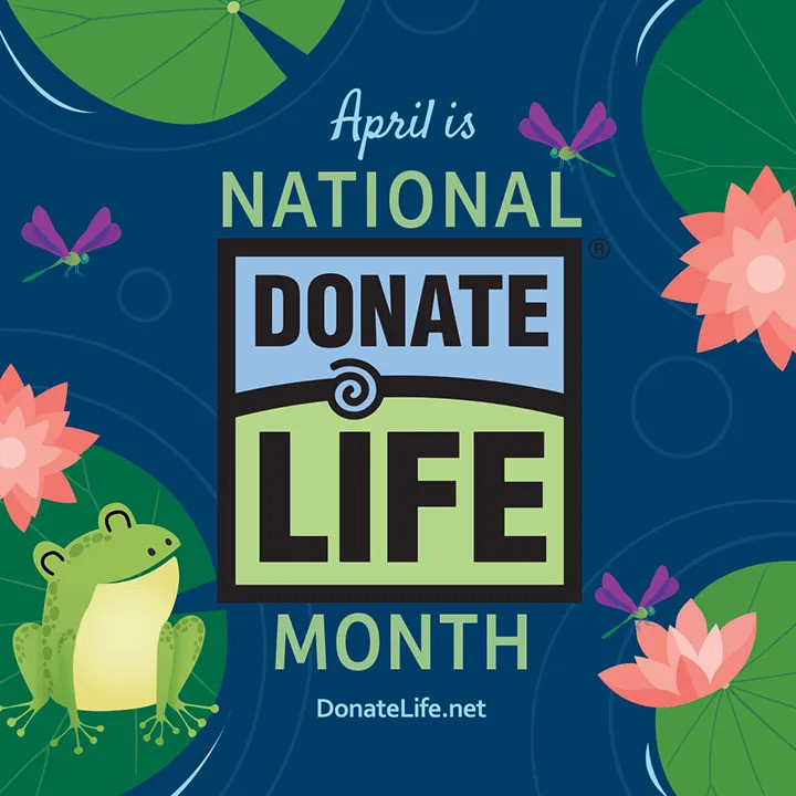 A graphic features a cartoon pond with lillies and a frog and reads April is National Donate Life Month - donatelife.net.