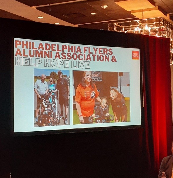 A presentation slide at the 2023 Faces of Philanthropy awards reads Philadelphia Flyers Alumni Association & Help Hope Live. Two photos show Help Hope Live’s Kelly Green and members of the Flyers Alumni Association with smiling adaptive bike recipients through the Every Child Deserves a Bike program.