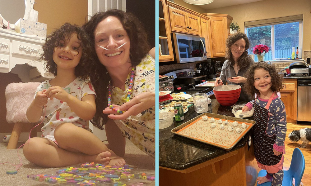 Two images of Pamela pre-transplant. In the first, she is seated on the floor beside her youngest daughter playing a game. Both have curly shoulder-length brown hair and light skin with big smiles. Pamela wears an oxygen tube connected to her nose. She is also with her daughter in the second photo - they are baking together in the kitchen. Pamela wears an oxygen tube there as well.