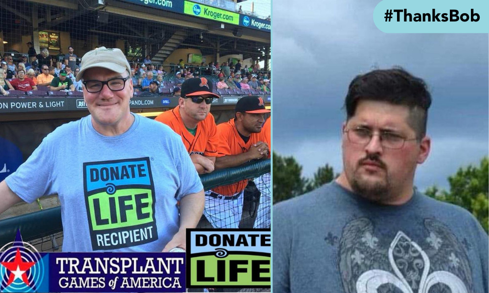 Two photos show heart transplant recipient Pat McEntee and his heart donor, Bob. Pat is a baseball game dugout with a Donate Life Recipient t-shirt and a ball cap and glasses. The frame of the photo says Transplant Games of America: Donate Life. Pat's heart donor is a young man with light skin, glasses, a black goatee, and black partially shaved hair. He is looking off-camera with a serious expression with a cloudy sky and trees visible behind him.