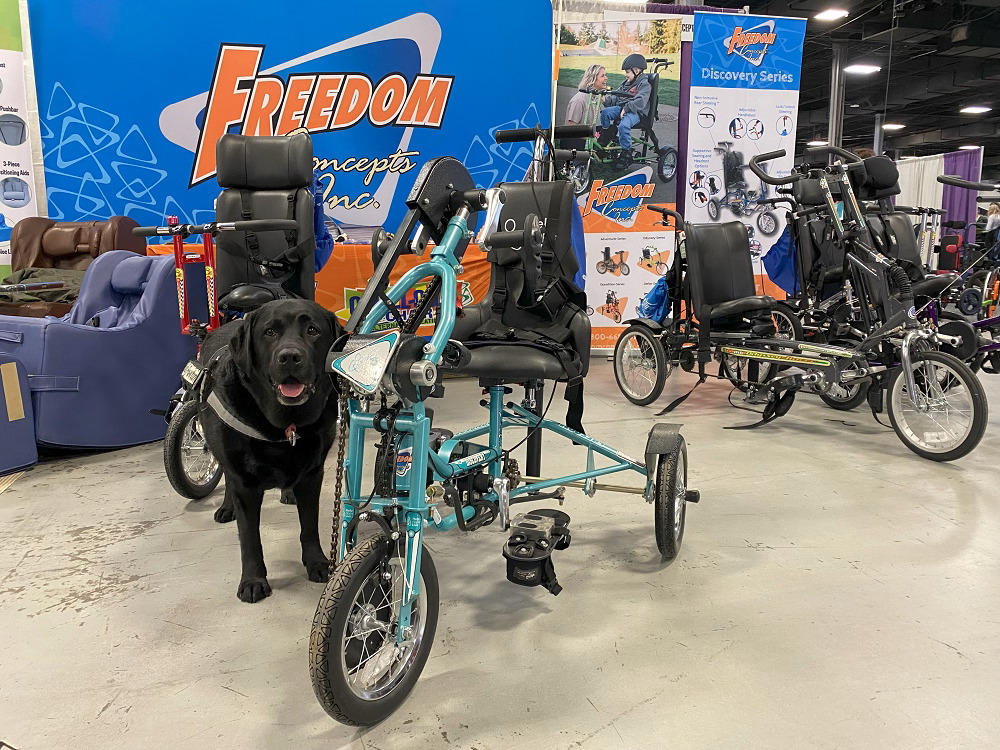 Black lab service dog Dolly Pawton stands next to the Freedom Concepts Help Hope Live-themed teal adaptive bike in front of the Freedom Concepts booth at Abilities Expo NY Metro.