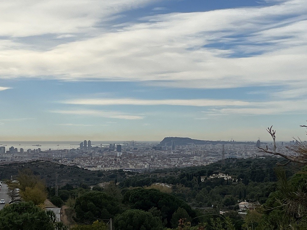 Barcelona seen from a distance across a green forested area. The city is primarily shorter buildings with a few skyscrapers, a plateau, and a beach or ocean bay.