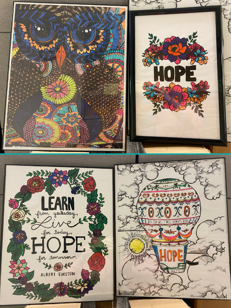 Four Hope-themed geometric and intricate adult coloring works by client Jane Koza that have been framed.