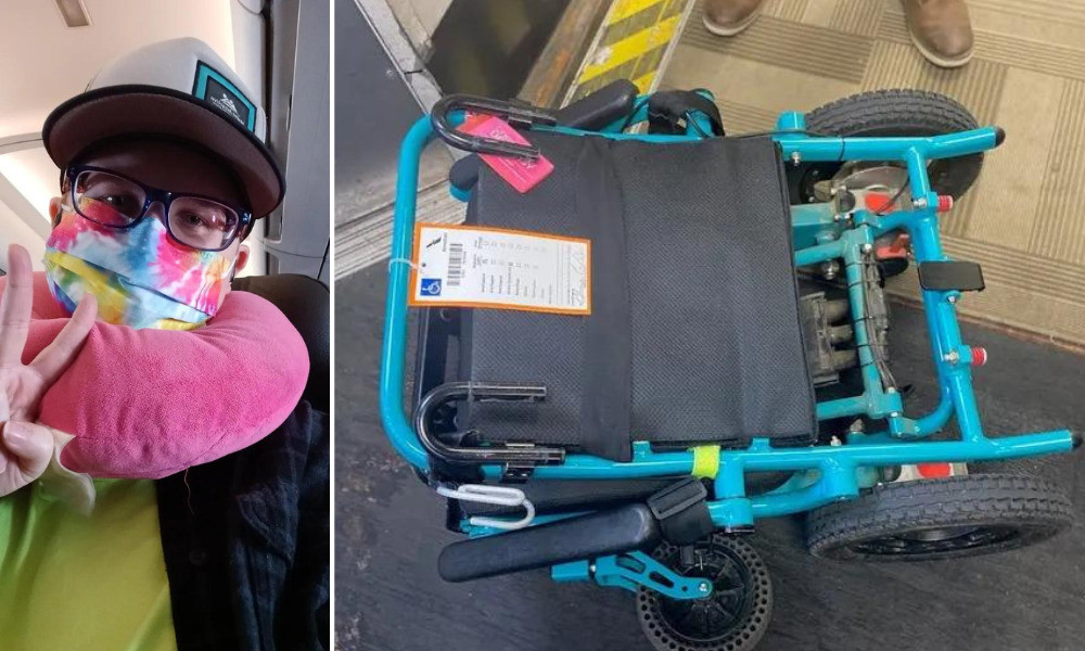 Shayn Pulley gives a peace sign as they sit in their airplane seat with a pink neck pillow. They have light skin, glasses, a ball cap, and a tie dye face mask. The second photo is Shayn's bright blue folded mobility device.