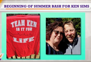 PA Live news coverage shows a photo of Ken Sims and his wife. Ken has light skin and red-brown hair, and his wife has light in, sunglasses, and curly shoulder-length hair. Another photo shows a Team Ken Is It for Life red fundraising t-shirt.