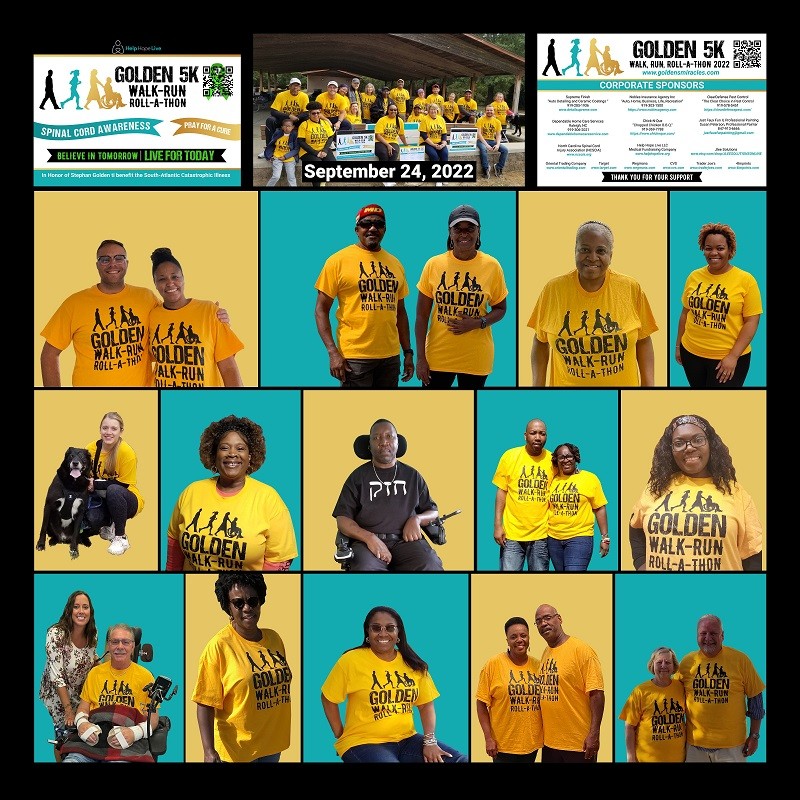 A collage of photos displays participants in a Wall & Roll fundraiser to benefit Help Hope Live in honor of Stephany Golden. Their matching t-shirts are gold and they rage in age, skin color, and mobility level. Stephany is in the center with brown skin, short black hair, and a black power chair.