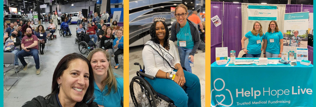 Three images depict Help Hope Live's staff presence at Abilities Expo events. In the first, Kelly L Green and Sonny Mullen take a selfie in front of an audience of workshop attendees who are seated or standing, some with mobility aids or wheelchairs. In the second, Brooke Schostak poses with a Help Hope Live client seated in her wheelchair with a Ms Wheelchair cross-body sash and tiara. In the third photo, Sonny and Kate Lacouture are in matching teal Help Hope Live t-shirts at the Help Hope Live booth with a bright teal tablecloth, brochures, and signage.