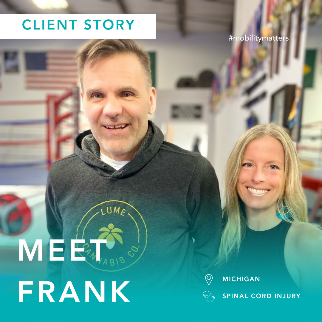 A graphic reads Client Story: Meet Frank, Michigan, Spinal Cord Injury. Frank is standing with assistance in a gray hoodie in a gym or rehabilitation setting. He has light skin, gray hair, and a short gray beard. Next to him is a woman in workout gear with light skin and blonde straight hair.