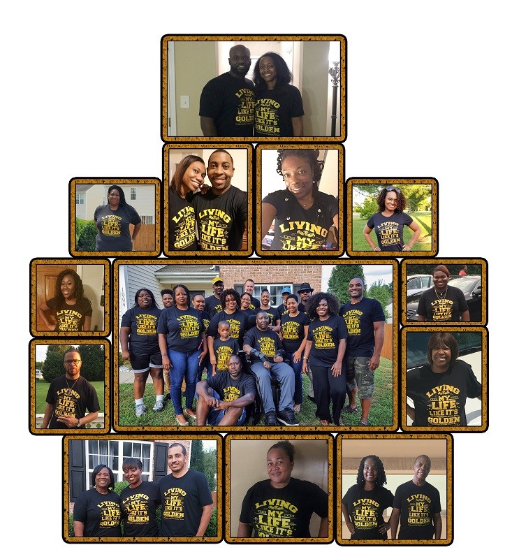 A collage of photos of Stephany Golden fundraising campaign supporters with matching Living My Life Like It's Golden t-shirts.