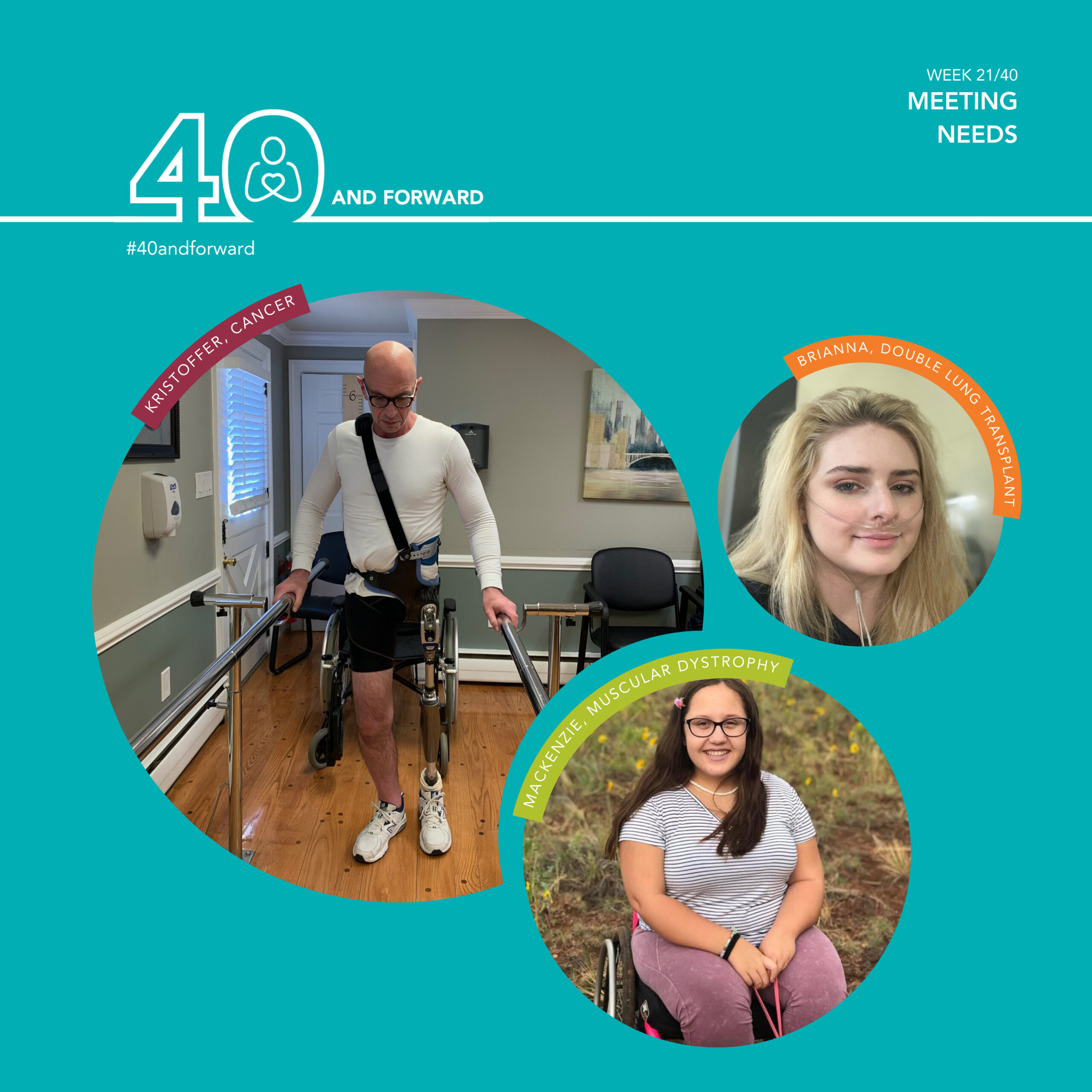 Text reads 40 and Forward: Week 21/30 Meeting Needs. Three images of Help Hope Live clients: Kristoffer, Cancer, a man with light skin and a prosthetic leg. Brianna, double lung transplant, a young woman with light skin, blonde hair, and an oxygen tube. Mackenzie, muscular dystrophy, a teenager with light brown skin and dark hair sitting in her manual wheelchair.